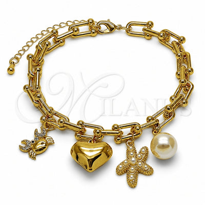Oro Laminado Charm Bracelet, Gold Filled Style Heart and Star Design, with Ivory Pearl and White Micro Pave for wholesale, main product view