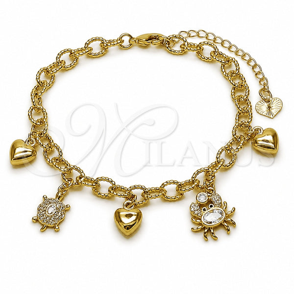 Oro Laminado Charm Bracelet, Gold Filled Style Turtle and Heart Design, with White Cubic Zirconia and White Micro Pave, Diamond Cutting Finish, Golden Finish, 03.282.0019.07 (Thickness, 7 Inches Length)