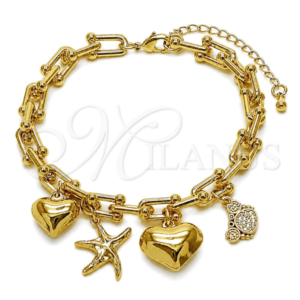 Oro Laminado Charm Bracelet, Gold Filled Style Heart and Star Design, with White Micro Pave and Black Cubic Zirconia, Polished, Golden Finish, 03.282.0020.07 (07 MM Thickness, 7 Inches Length)