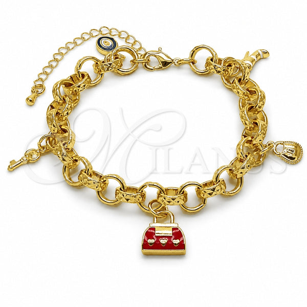 Oro Laminado Charm Bracelet, Gold Filled Style Suitecase and Lock Design, Red Enamel Finish, Golden Finish, 03.282.0021.07 (09 MM Thickness, 8 Inches Length)