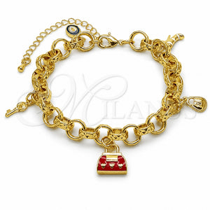 Oro Laminado Charm Bracelet, Gold Filled Style Suitecase and Lock Design, Red Enamel Finish, Golden Finish, 03.282.0021.07 (09 MM Thickness, 8 Inches Length)