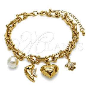 Oro Laminado Charm Bracelet, Gold Filled Style Heart and Fish Design, with Black Cubic Zirconia and White Micro Pave, Polished, Golden Finish, 03.282.0022.07 (07 MM Thickness, 7 Inches Length)