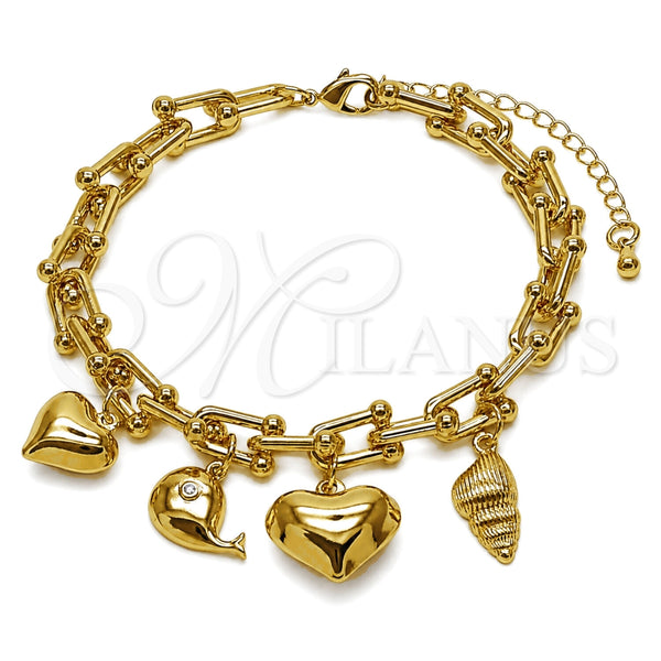 Oro Laminado Charm Bracelet, Gold Filled Style Heart and Snail Design, with Black Cubic Zirconia, Polished, Golden Finish, 03.282.0023.07 (07 MM Thickness, 7 Inches Length)