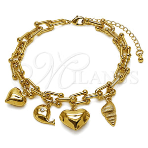 Oro Laminado Charm Bracelet, Gold Filled Style Heart and Snail Design, with Black Cubic Zirconia, Polished, Golden Finish, 03.282.0023.07 (07 MM Thickness, 7 Inches Length)