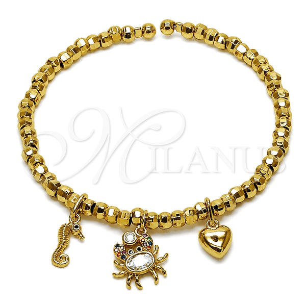Oro Laminado Individual Bangle, Gold Filled Style Heart and Seahorse Design, with White Cubic Zirconia and White Micro Pave, Polished, Golden Finish, 07.282.0087 (Thickness, One size fits all)