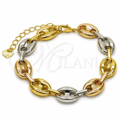 Oro Laminado Fancy Bracelet, Gold Filled Style Puff Mariner Design, Polished, Tricolor, 04.213.0345.1.07 (Thickness, 7 Inches Length)