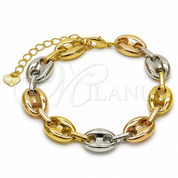 Oro Laminado Fancy Bracelet, Gold Filled Style Puff Mariner Design, Polished, Tricolor, 04.213.0345.1.07 (Thickness, 7 Inches Length)