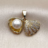 Oro Laminado Fancy Pendant, Gold Filled Style Shell and Ball Design, with White Micro Pave and Ivory Pearl, Polished, Golden Finish, 05.282.0001