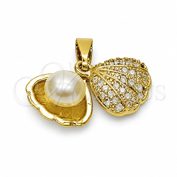 Oro Laminado Fancy Pendant, Gold Filled Style Shell and Ball Design, with White Micro Pave and Ivory Pearl, Polished, Golden Finish, 05.282.0001