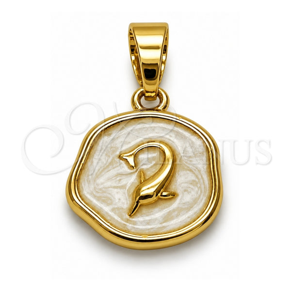 Oro Laminado Fancy Pendant, Gold Filled Style Dolphin Design, White Enamel Finish, Golden Finish, 05.282.0008