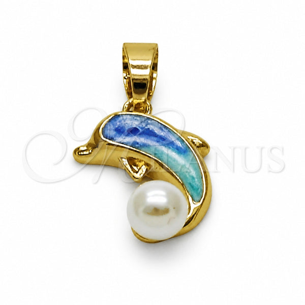 Oro Laminado Fancy Pendant, Gold Filled Style Dolphin Design, with Ivory Pearl, Azul claro Enamel Finish, Golden Finish, 05.282.0009