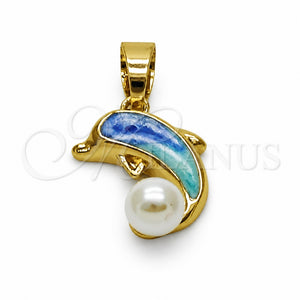 Oro Laminado Fancy Pendant, Gold Filled Style Dolphin Design, with Ivory Pearl, Azul claro Enamel Finish, Golden Finish, 05.282.0009