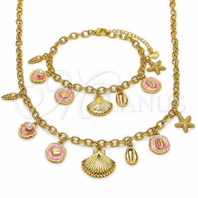 Oro Laminado Necklace and Bracelet, Gold Filled Style Shell and Fish Design, with Ivory Pearl, Dark Pink Enamel Finish, Golden Finish, 06.282.0007.18