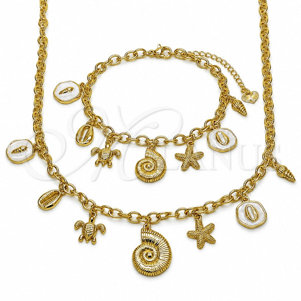 Oro Laminado Necklace and Bracelet, Gold Filled Style Snail and Turtle Design, Polished, Golden Finish, 06.282.0008.18