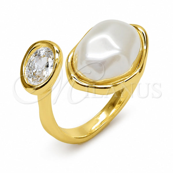 Oro Laminado Multi Stone Ring, Gold Filled Style with White Cubic Zirconia and Ivory Pearl, Polished, Golden Finish, 01.438.0019 (One size fits all)