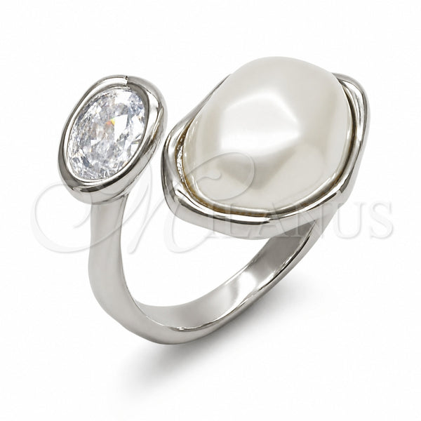 Rhodium Gold Filled Multi Stone Ring, with White Cubic Zirconia and Ivory Pearl, Polished, Rhodium Finish, 01.438.0019.1 (One size fits all)