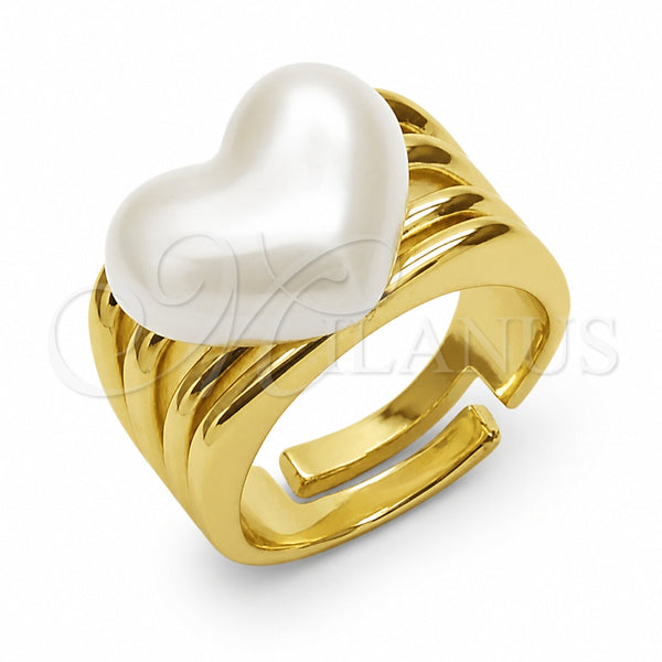Oro Laminado Multi Stone Ring, Gold Filled Style Heart Design, with Ivory Pearl, Polished, Golden Finish, 01.438.0020 (One size fits all)