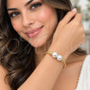 Oro Laminado Individual Bangle, Gold Filled Style Ball Design, with Ivory Pearl and White Micro Pave, Diamond Cutting Finish, Golden Finish, 07.282.0090 (Thickness, One size fits all)