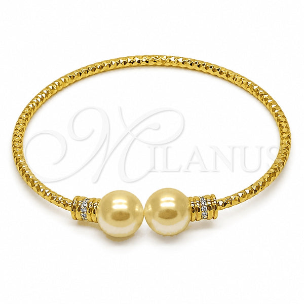 Oro Laminado Individual Bangle, Gold Filled Style Ball Design, with Ivory Pearl and White Micro Pave, Diamond Cutting Finish, Golden Finish, 07.282.0090 (Thickness, One size fits all)