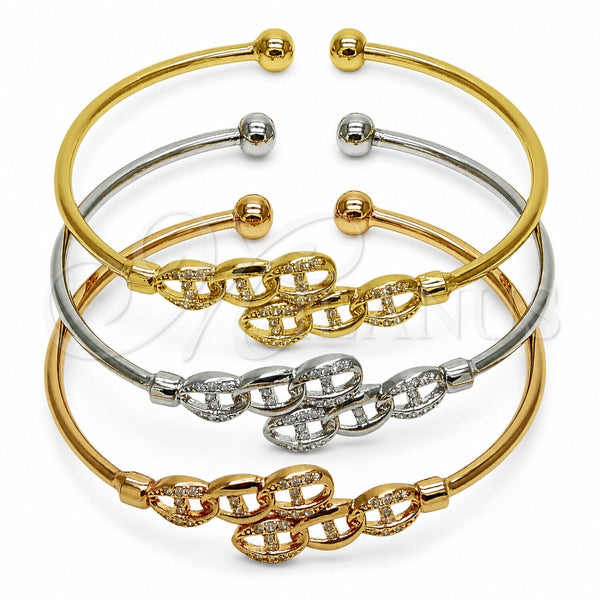 Oro Laminado Trio Bangle, Gold Filled Style Puff Mariner Design, with White Cubic Zirconia, Polished, Tricolor, 07.282.0095 (Thickness, One size fits all)
