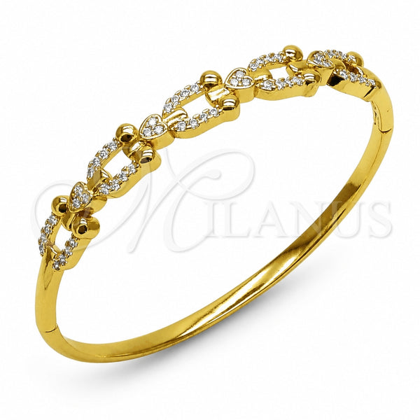 Oro Laminado Individual Bangle, Gold Filled Style Heart Design, with White Cubic Zirconia, Polished, Golden Finish, 07.282.0097.04 (Thickness, Size 4 (2.25 Diameter))