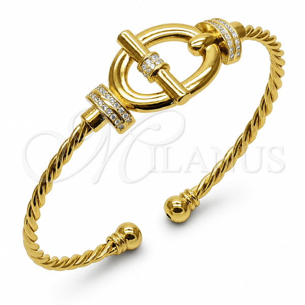 Oro Laminado Individual Bangle, Gold Filled Style Belt Buckle and Twist Design, with White Micro Pave, Polished, Golden Finish, 07.282.0099 (03 MM Thickness, One size fits all)