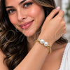 Oro Laminado Individual Bangle, Gold Filled Style Teardrop Design, with Ivory Pearl, Diamond Cutting Finish, Golden Finish, 07.282.0107 (Thickness, One size fits all)