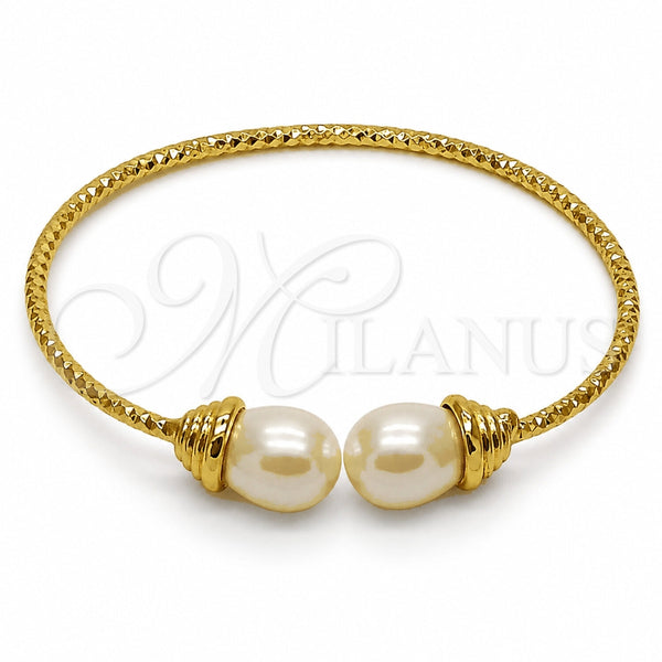 Oro Laminado Individual Bangle, Gold Filled Style Teardrop Design, with Ivory Pearl, Diamond Cutting Finish, Golden Finish, 07.282.0107 (Thickness, One size fits all)