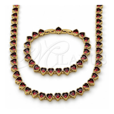 Oro Laminado Necklace and Bracelet, Gold Filled Style Heart Design, with Garnet Cubic Zirconia, Polished, Golden Finish, 06.282.0011.18