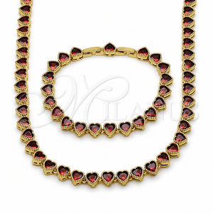 Oro Laminado Necklace and Bracelet, Gold Filled Style Heart Design, with Garnet Cubic Zirconia, Polished, Golden Finish, 06.282.0011.18