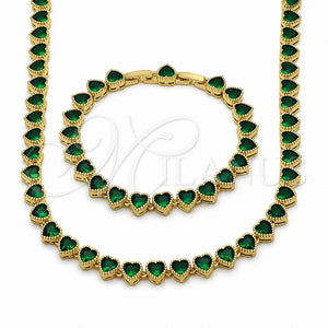 Oro Laminado Necklace and Bracelet, Gold Filled Style Heart Design, with Emerald Cubic Zirconia, Polished, Golden Finish, 06.282.0011.1.18