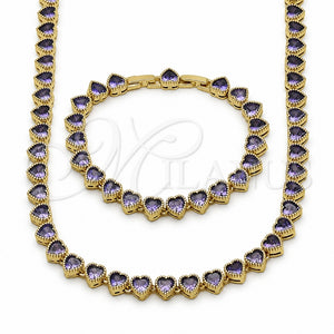 Oro Laminado Necklace and Bracelet, Gold Filled Style Heart Design, with Amethyst Cubic Zirconia, Polished, Golden Finish, 06.282.0011.2.18
