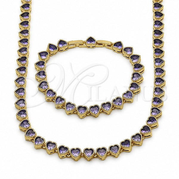 Oro Laminado Necklace and Bracelet, Gold Filled Style Heart Design, with Amethyst Cubic Zirconia, Polished, Golden Finish, 06.282.0011.2.18