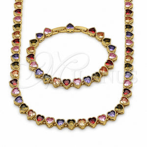Oro Laminado Necklace and Bracelet, Gold Filled Style Heart Design, with Multicolor Cubic Zirconia, Polished, Golden Finish, 06.282.0011.3.18