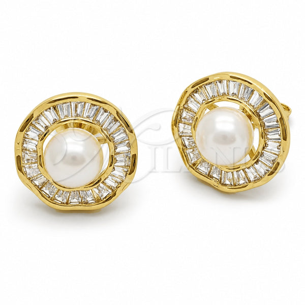 Oro Laminado Stud Earring, Gold Filled Style Cluster and Baguette Design, with White Cubic Zirconia and Ivory Pearl, Polished, Golden Finish, 02.282.0188