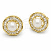 Oro Laminado Stud Earring, Gold Filled Style Cluster and Baguette Design, with White Cubic Zirconia and Ivory Pearl, Polished, Golden Finish, 02.282.0188