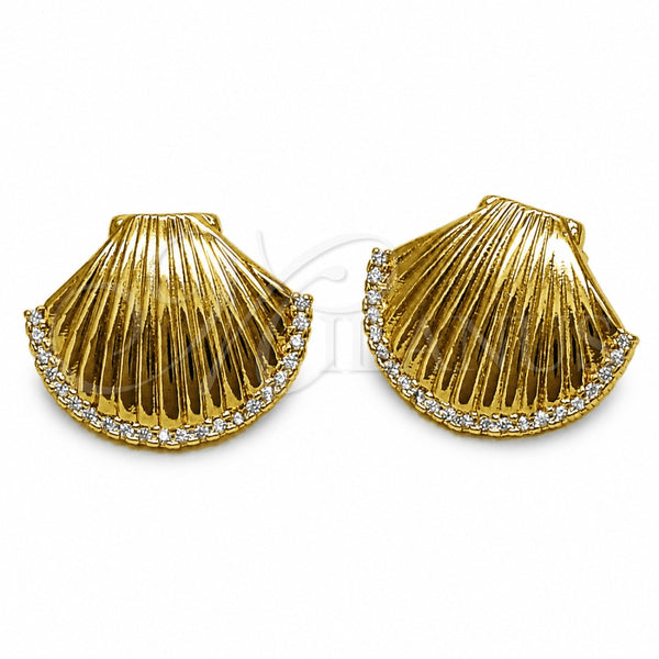 Oro Laminado Stud Earring, Gold Filled Style Shell Design, with White Cubic Zirconia, Polished, Golden Finish, 02.282.0191