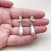 Oro Laminado Dangle Earring, Gold Filled Style Butterfly and Teardrop Design, with Ivory Pearl, White Enamel Finish, Golden Finish, 02.282.0192