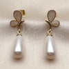 Oro Laminado Dangle Earring, Gold Filled Style Butterfly and Teardrop Design, with Ivory Pearl, White Enamel Finish, Golden Finish, 02.282.0192