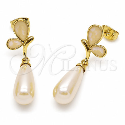 Oro Laminado Dangle Earring, Gold Filled Style Butterfly and Teardrop Design, with Ivory Pearl, White Enamel Finish, Golden Finish, 02.282.0192
