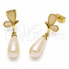 Oro Laminado Dangle Earring, Gold Filled Style Butterfly and Teardrop Design, with Ivory Pearl, White Enamel Finish, Golden Finish, 02.282.0192
