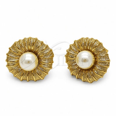 Oro Laminado Stud Earring, Gold Filled Style Flower Design, with Ivory Pearl, Polished, Golden Finish for wholesale, main product view