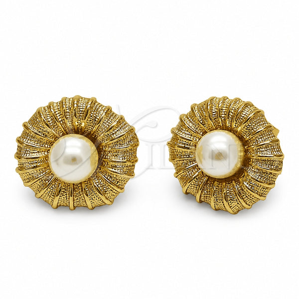 Oro Laminado Stud Earring, Gold Filled Style Flower Design, with Ivory Pearl, Polished, Golden Finish, 02.282.0193