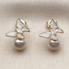 Oro Laminado Stud Earring, Gold Filled Style Butterfly and Ball Design, with Ivory Pearl and White Cubic Zirconia, White Enamel Finish, Golden Finish, 02.282.0194