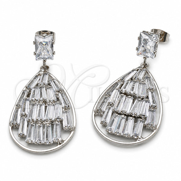 Rhodium Gold Filled Dangle Earring, Teardrop and Baguette Design, with White Cubic Zirconia, Polished, Rhodium Finish, 02.282.0196