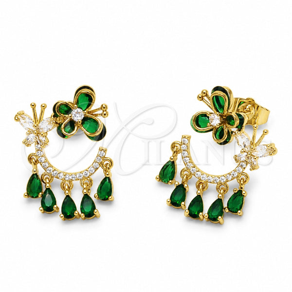 Oro Laminado Long Earring, Gold Filled Style Butterfly and Teardrop Design, with Green and White Cubic Zirconia, Polished, Golden Finish, 02.282.0179.1