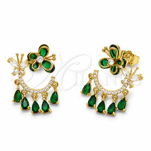 Oro Laminado Long Earring, Gold Filled Style Butterfly and Teardrop Design, with Green and White Cubic Zirconia, Polished, Golden Finish, 02.282.0179.1