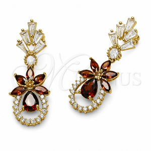 Oro Laminado Long Earring, Gold Filled Style Tree and Flower Design, with Garnet and White Cubic Zirconia, Polished, Golden Finish, 02.282.0199