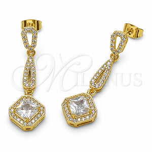 Oro Laminado Long Earring, Gold Filled Style Cluster Design, with White Micro Pave and White Cubic Zirconia, Polished, Golden Finish, 02.282.0139.1