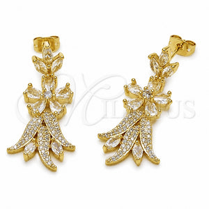 Oro Laminado Long Earring, Gold Filled Style Leaf and Flower Design, with White Cubic Zirconia, Polished, Golden Finish, 02.282.0200